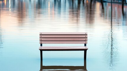 Fototapeta premium A lone bench standing amid floodwaters, surrounded by the reflections of drowned streets