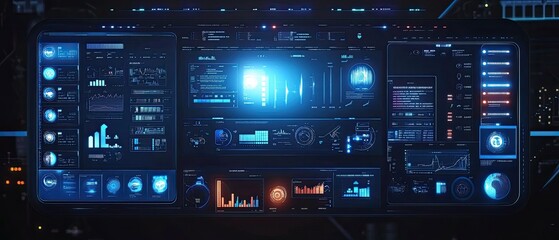 Fototapeta premium Futuristic digital dashboard with glowing interface displays data analytics, graphs, charts, and network connections.
