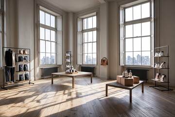 Fototapeta premium Expansive Loft with Large Windows Highlighting Natural Light and Shadow Effects for Product Showcases
