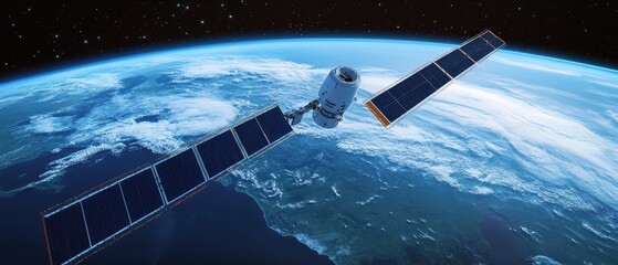 Fototapeta premium Satellite orbiting Earth, showing solar panels and Earth's curvature.