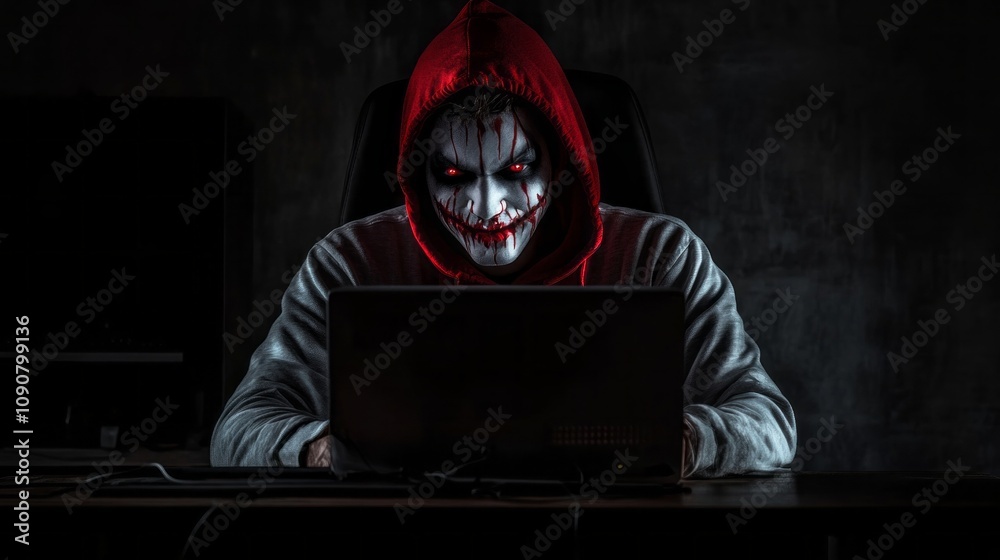 Poster a man with a red hoodie and a scary face is sitting in front of a laptop