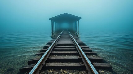 A submerged train depot, its tracks leading into the depths, evoking a sense of loss