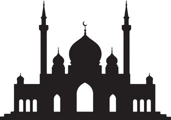 Mosque vector illustration. Nighttime Mosque Silhouette Stars, Crescent Moons, Islamic Architecture