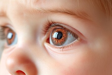 Naklejka premium Adorable Baby's Eyes Close Up - Close-up of a baby's captivating brown eyes, innocence, purity, wonder, and new beginnings.