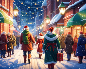 People walking along a snow-covered road in the evening near shops illuminated by lanterns. Snow is falling outside, and the air is filled with anticipation of the upcoming New Year holiday. 