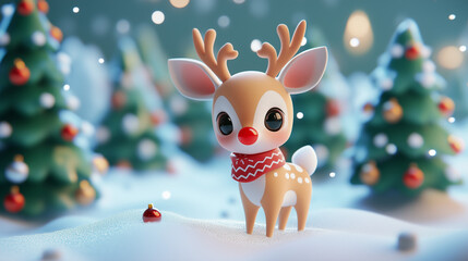 Cartoon reindeer with a red nose in a scarf in a snowy festive forest