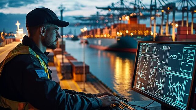 A worker monitors shipping data at a port, surrounded by containers and cranes in the background.