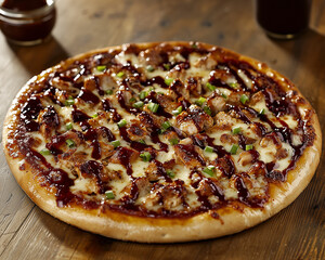 succulent bbq chicken pizza with a luscious sauce drizzle, perfect for a casual dining experience