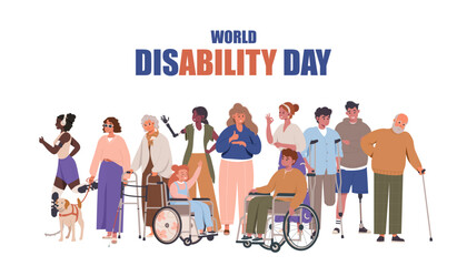 World Disability day. Happy disabled diverse people together landing page, web banner concept. People with disability, diversity and inclusion. Flat cartoon vector illustration. Wheelchair, prosthesis