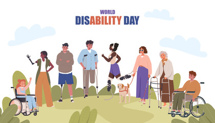 World Disability day. Happy disabled diverse people together landing page, web banner concept. People with disability, diversity and inclusion. Flat cartoon vector illustration. Wheelchair, prosthesis