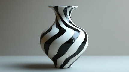 A stylish black and white striped vase on a minimalist surface.