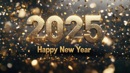 Sparkling gold "2025" with confetti falling, and "Happy New Year" below in clean sans-serif.