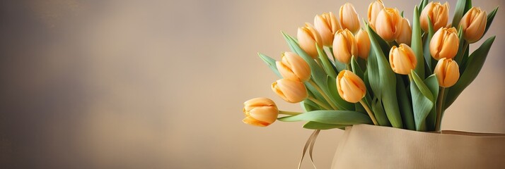 Obraz premium Elegant bouquet of yellow tulips in a rustic bag celebrating nature's beauty. Generative AI