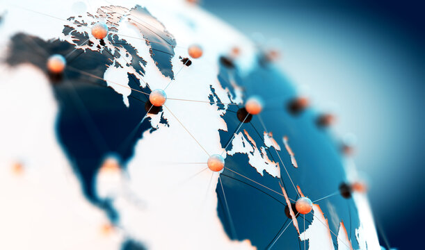 Telecomunicaciones globales y computaci&oacute;n en nube.
Ilustraci&oacute;n 3d del concepto de redes e internet y mapa mundial.