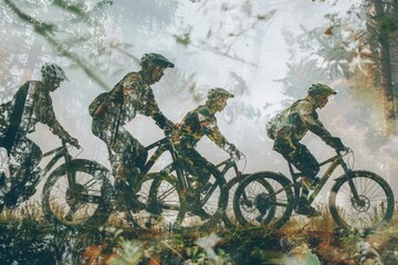 A Diverse Team of Mountain Bikers Riding Through Nature on a Foggy Day, Capturing the Spirit of Adventure and Unity in Outdoor Sports