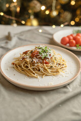 Festive pasta dish surrounded by Christmas decorations, capturing holiday vibes with lights, ornaments, and a cozy festive setting. Perfect for themes like Christmas food, holiday celebrations.