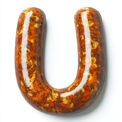 A glossy, U-shaped object resembling a food item, possibly a sausage or gelatinous dish.
