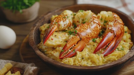 Lobster claws atop creamy scrambled eggs in a wooden bowl.