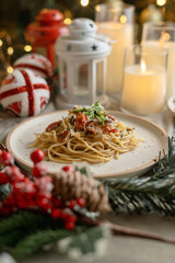 Festive pasta dish surrounded by Christmas decorations, capturing holiday vibes with lights, ornaments, and a cozy festive setting. Perfect for themes like Christmas food, holiday celebrations.