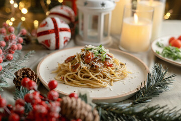 Festive pasta dish surrounded by Christmas decorations, capturing holiday vibes with lights, ornaments, and a cozy festive setting. Perfect for themes like Christmas food, holiday celebrations.