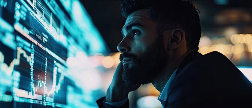 Man contemplating data on a large screen.