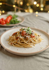 Festive pasta dish surrounded by Christmas decorations, capturing holiday vibes with lights, ornaments, and a cozy festive setting. Perfect for themes like Christmas food, holiday celebrations.