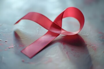 A red satin ribbon symbolizing illness awareness, elegantly displayed with soft focus and natural lighting to express support and solidarity for cancer patients and survivors