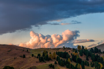 Panoramic view of the Val Gardena Dolomites in Italy.