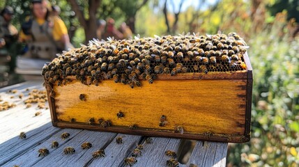 A beehive bustling with activity as bees carry pollen back to their home.