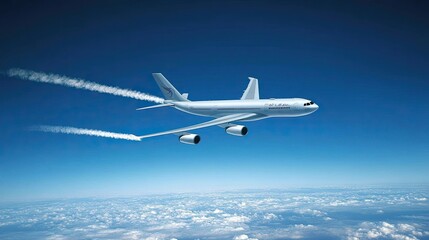 Obraz premium Airplane in flight above clouds, leaving contrails.