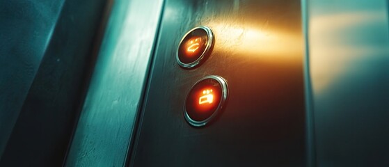 Illuminated elevator control panel with up and down buttons.