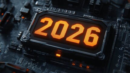 Naklejka premium 2026 Number Displayed On Futuristic Circuit Board, Depicting Technological Advancement