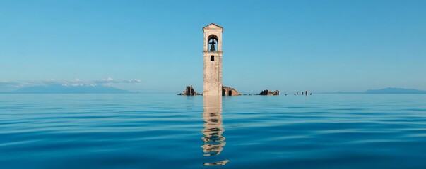 Obraz premium Submerged town ruins with a bell tower standing tall, a beacon of lost history