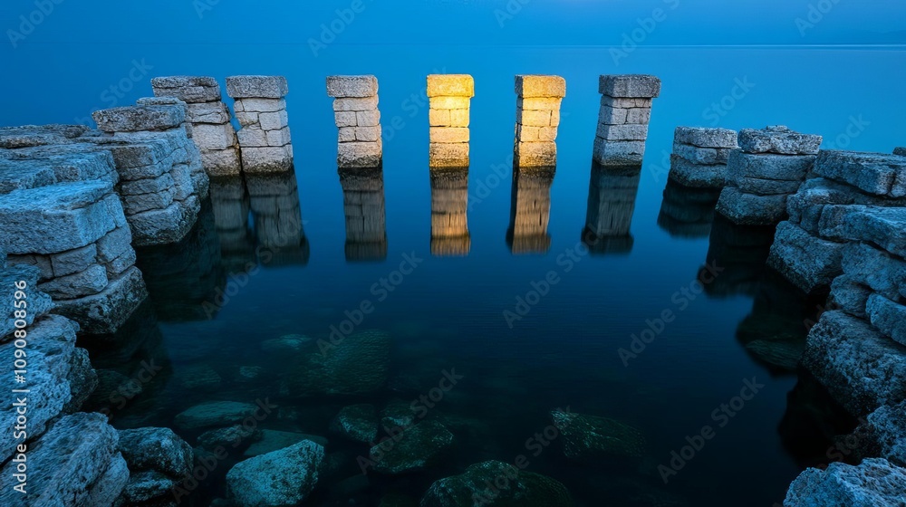 Wall mural Sunken ruins illuminated by moonlight, reflecting off the still water