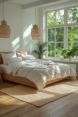 Obraz premium Mid century Modern interiors in bedrooms with pendant lighting and forest-view windows and beds. Generative AI 