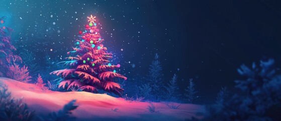 Illuminated Christmas tree in snowy forest at night.