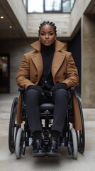 Naklejka premium Stylish African American Woman in Wheelchair: Urban Professional Portrait