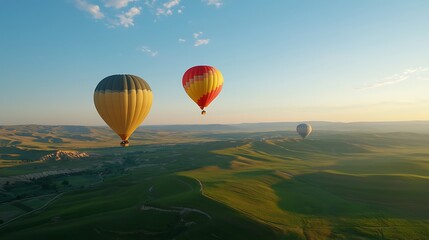 Obraz premium Hot Air Balloons Over Scenic Landscape at Sunrise