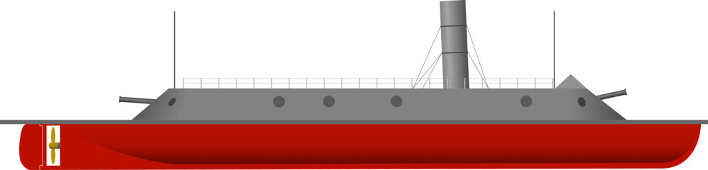 Civil War era Iron Clad. Side profile of a warship from the American Civil War. Isolated vector illustration. © DogWatch Digital