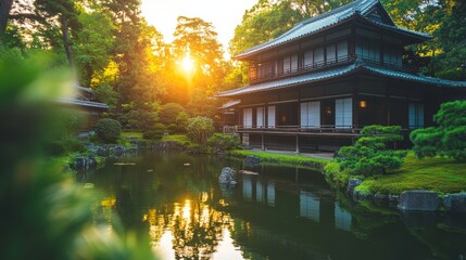 Obraz premium Tranquil Sunset Over Traditional Japanese House, Garden, and Pond, Peaceful Atmosphere