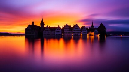 Fototapeta premium The silhouette of a town submerged at dusk, orange and purple hues reflecting on the water