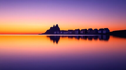 Naklejka premium The silhouette of a town submerged at dusk, orange and purple hues reflecting on the water