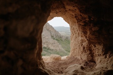 View Through a Stone Window Showing a Scenic Landscape With Hills and Cloudy Sky in the Distance