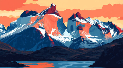 Majestic mountain range at sunset over a tranquil lake in a national park