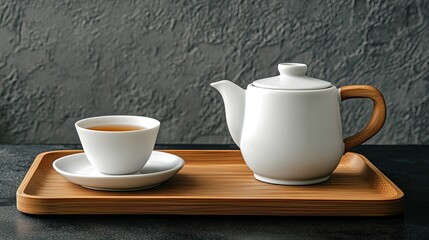 Fototapeta premium White teapot and teacup on wooden tray.