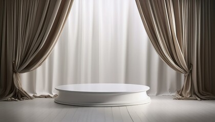 Elegant white pedestal against a backdrop of taupe curtains. Perfect for product display.