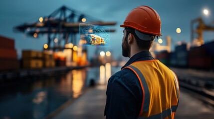 Construction worker wearing a hard hat and safety vest observes cargo containers at a shipping port with augmented reality interface displaying logistics data at dusk