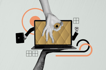 Composite photo collage of anonym man hands peek laptop device briefcase ok gesture approval...
