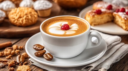 Steaming Espresso Cup Surrounded by Freshly Baked Desserts in a Cozy Aromatic Setting