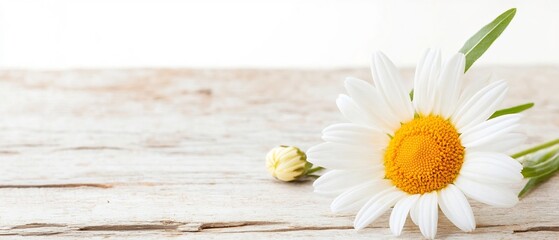 Obraz premium Vibrant Daisy on Rustic Wooden Table with Minimal Countryside Setting